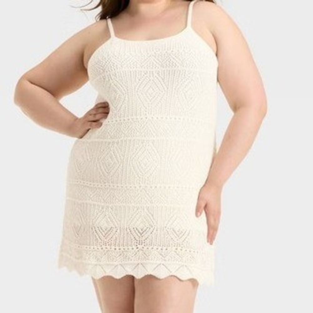 A New Day Crochet Boho Mini Dress Geometric Knit Ivory 2X Plus Size